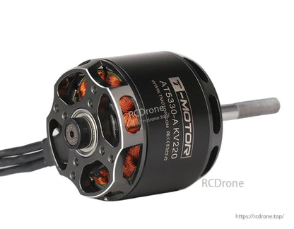 T-Motor AT5330-A KV220 brushless motor with black housing, copper windings, and long shaft