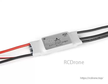 T-Motor AT55A-UBEC 55A Fixed Wing ESC, T-Motor fixed-wing ESC with integrated UBEC, labeled 40A, in white heat-shrink with power and motor leads