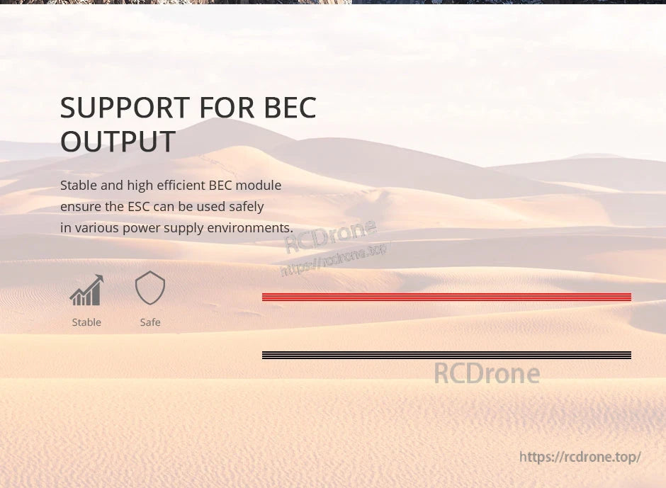 Graphic stating "Support for BEC output" for T-Motor AT55A-UBEC 55A fixed wing ESC, emphasizing stable and safe BEC module
