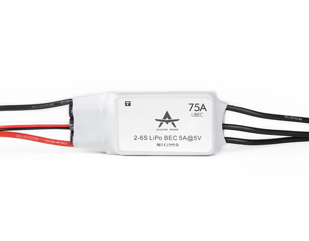 T-Motor AT75A-UBEC Fixed-Wing ESC, T-Motor AT75A UBEC fixed-wing ESC 75A with 2–6S LiPo input and 5A@5V BEC, in white heatshrink