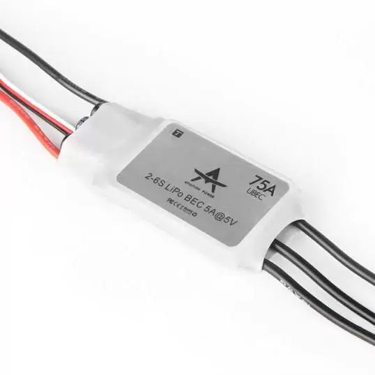 T-Motor AT75A-UBEC fixed-wing ESC with heatshrink case, 75A label, 2–6S LiPo and BEC 5A@5V marking
