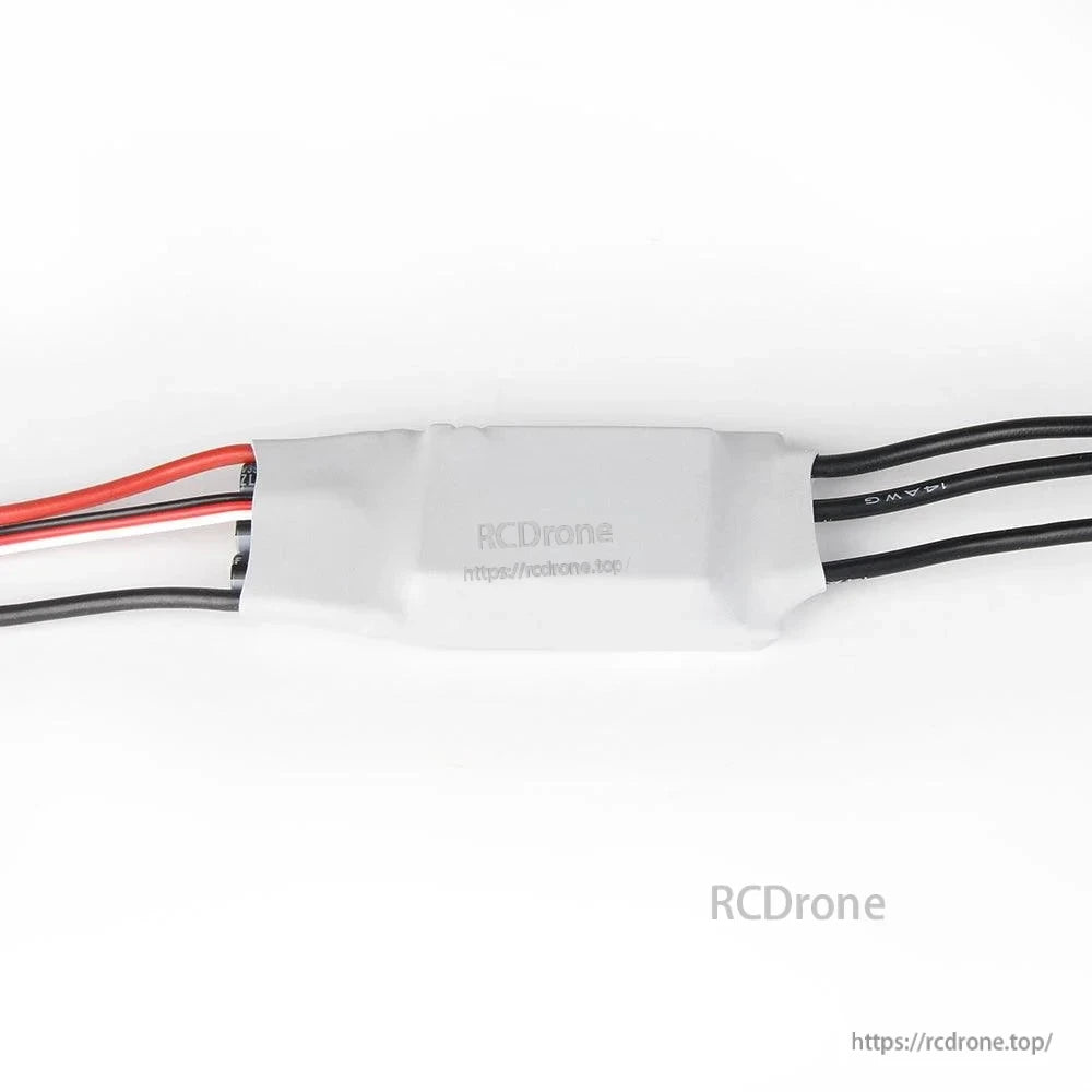 T-Motor AT75A-UBEC fixed-wing ESC in white heat shrink with red/black power leads and black motor wires