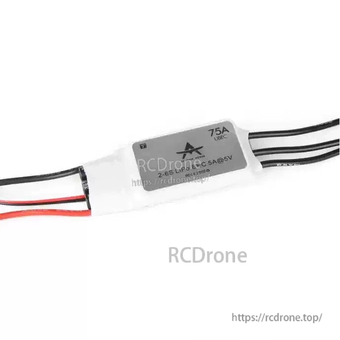 T-Motor AT75A-UBEC Fixed-Wing ESC, T-Motor AT75A UBEC fixed-wing ESC with 75A label, 2–6S LiPo input and BEC 6A@5V printed on case