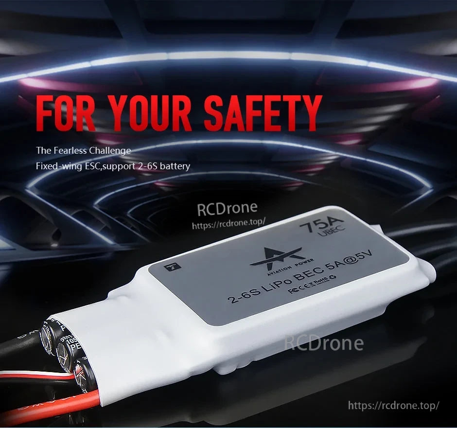 T-Motor AT75A-UBEC Fixed-Wing ESC, T-Motor AT 75A UBEC fixed-wing ESC with 2–6S LiPo support and BEC 5A@5V printed on the case