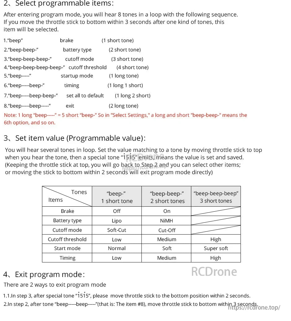 T-Motor AT75A-UBEC Fixed-Wing ESC, T-Motor AT75A-UBEC ESC programming guide with tone sequence list and settings table for brake, battery type, cutoff, and timing.