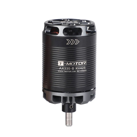 T-Motor AX335-B KV425 electric motor with black ribbed корпус, vented top, and exposed output shaft