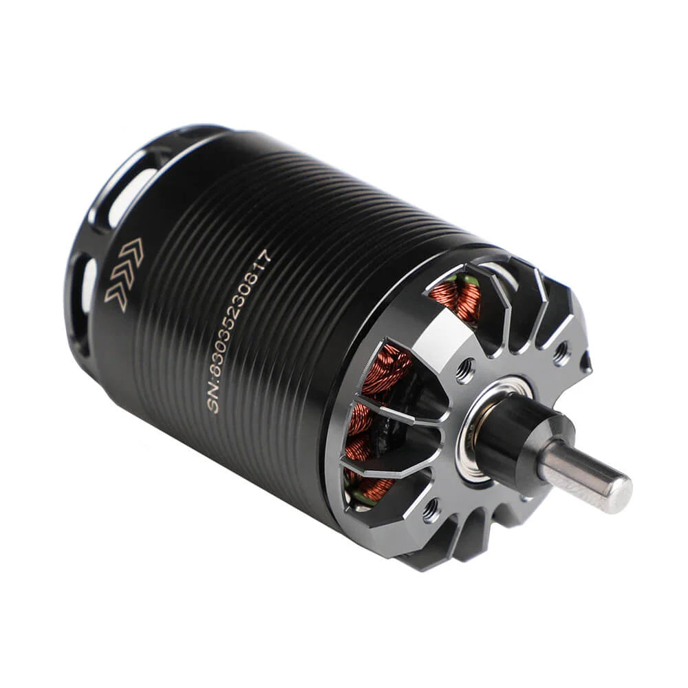 T-Motor black brushless outrunner motor with ribbed housing, exposed copper windings, and front drive shaft