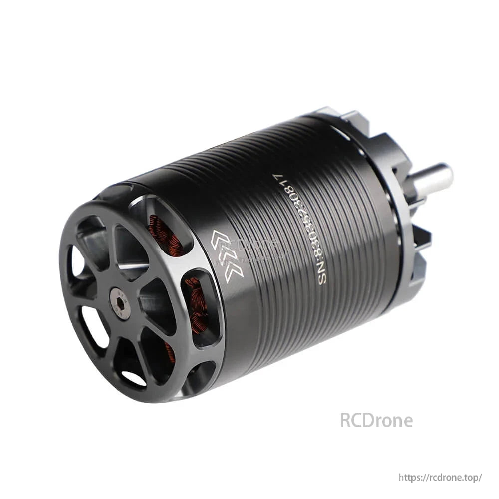 T-Motor brushless outrunner drone motor with ribbed black housing, visible copper windings, and rear shaft