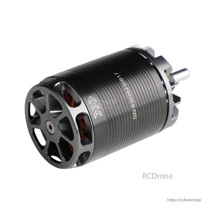 T-Motor brushless outrunner drone motor with ribbed black housing, visible copper windings, and rear shaft