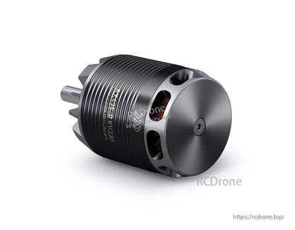T-Motor brushless outrunner motor with ribbed black housing, rear shaft, and vented front cap
