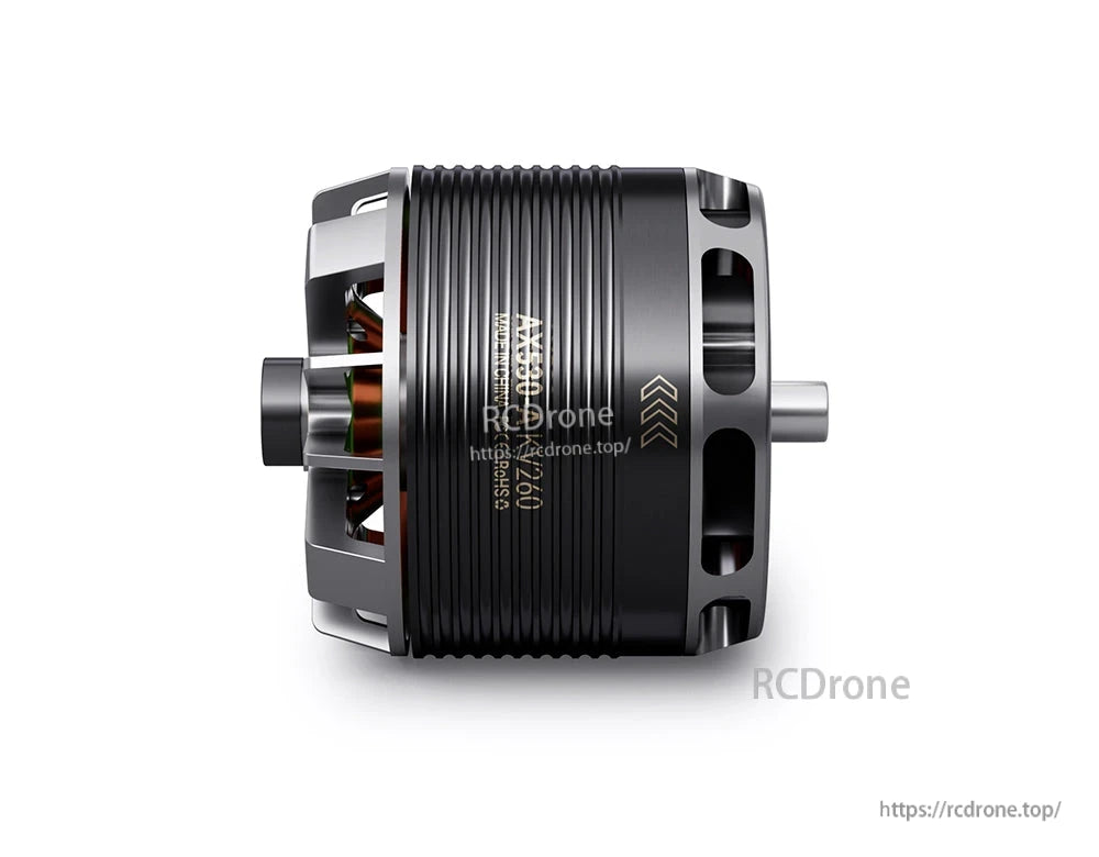 Side view of a T-Motor brushless outrunner motor with vented aluminum housing and protruding shaft