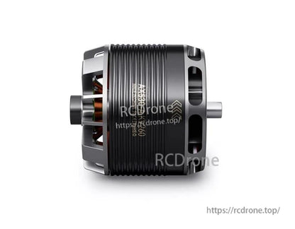 Side view of a T-Motor brushless outrunner motor with exposed shaft, black ribbed can, and vented housing