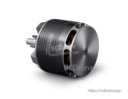 T-Motor brushless outrunner motor with black ribbed housing, side ventilation slots, and rear shaft