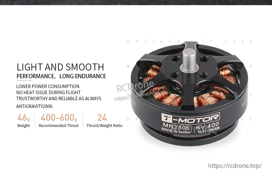 T-Motor Antigravity MN2806 400KV brushless motor with visible copper windings and top mounting holes