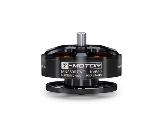 T-Motor MN2806 EVO KV650 brushless drone motor with black housing, exposed windings, and top shaft