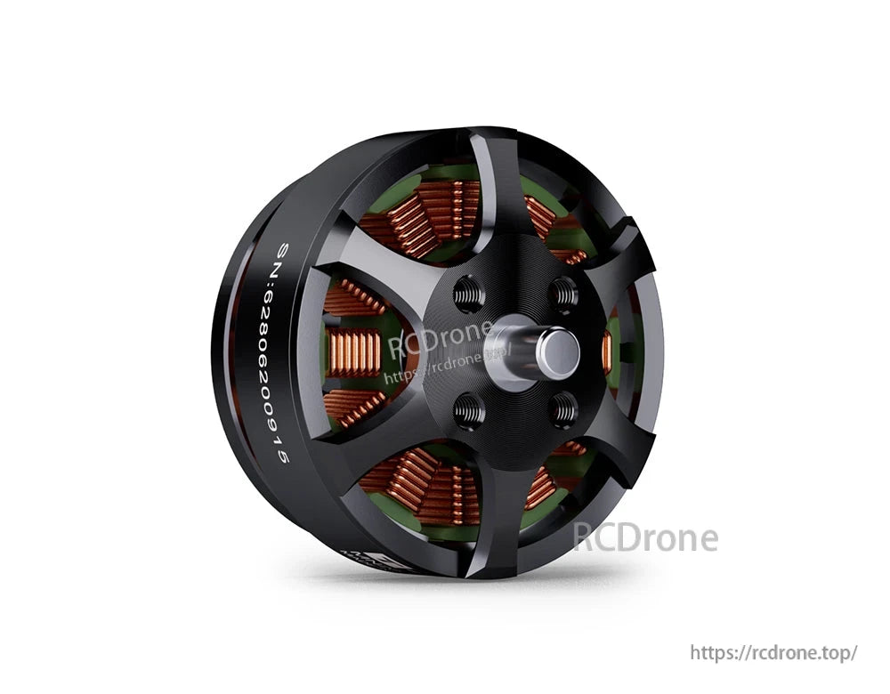 T-Motor brushless outrunner drone motor with black open-frame top, exposed copper windings, and center shaft