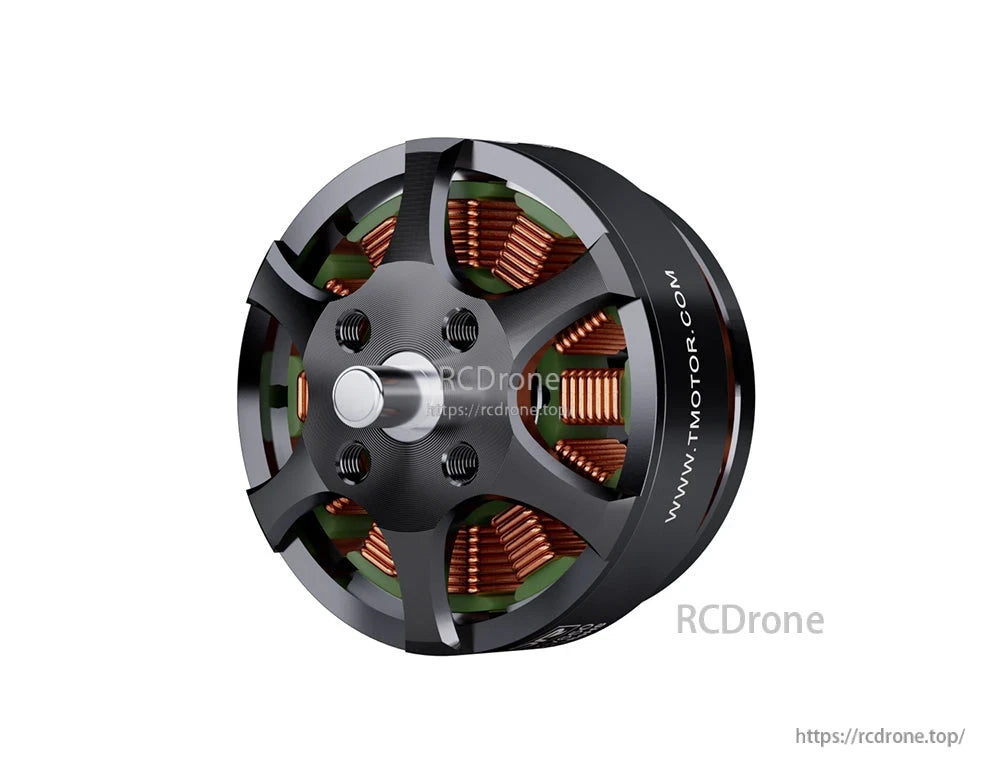 T-Motor brushless outrunner motor with black open bell, threaded shaft, and visible copper windings