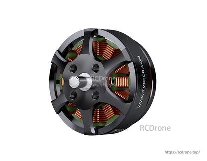 T-Motor brushless outrunner motor with black open bell, threaded shaft, and visible copper windings