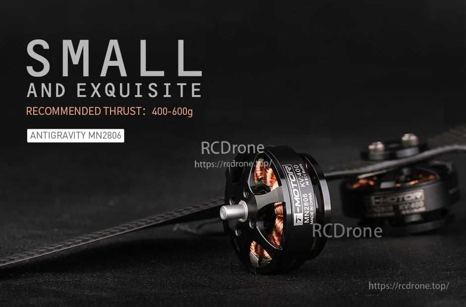 T-Motor Antigravity MN2806 brushless motor close-up with copper windings and 400–600g recommended thrust