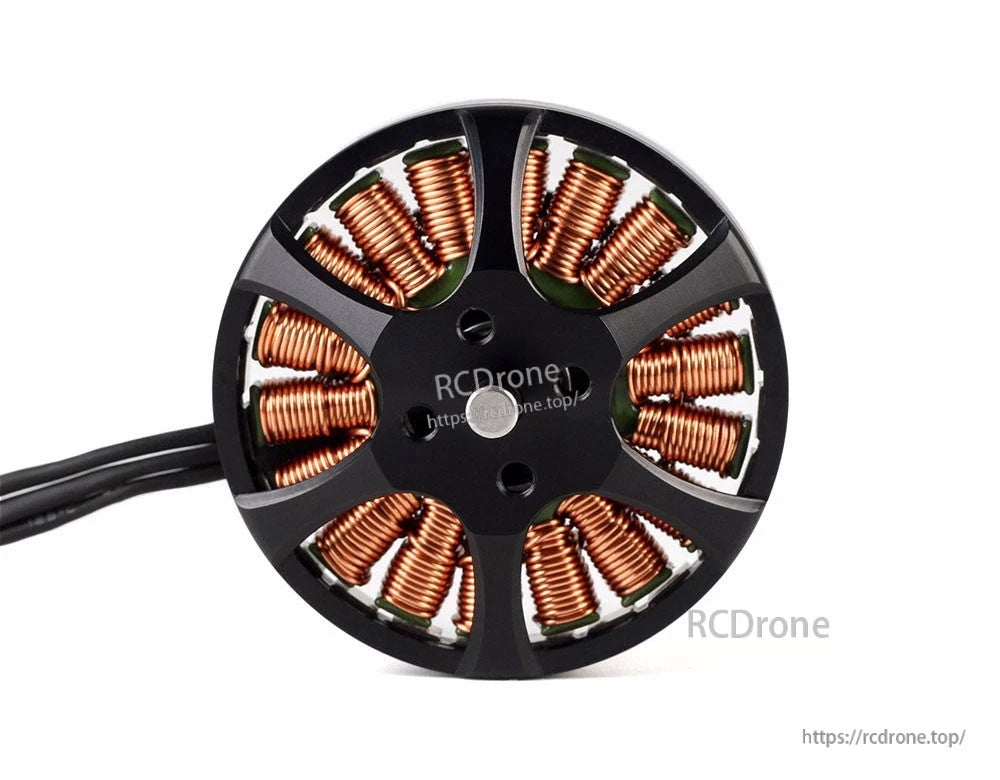 Top view of a T-Motor brushless outrunner motor with exposed copper windings and three-phase leads