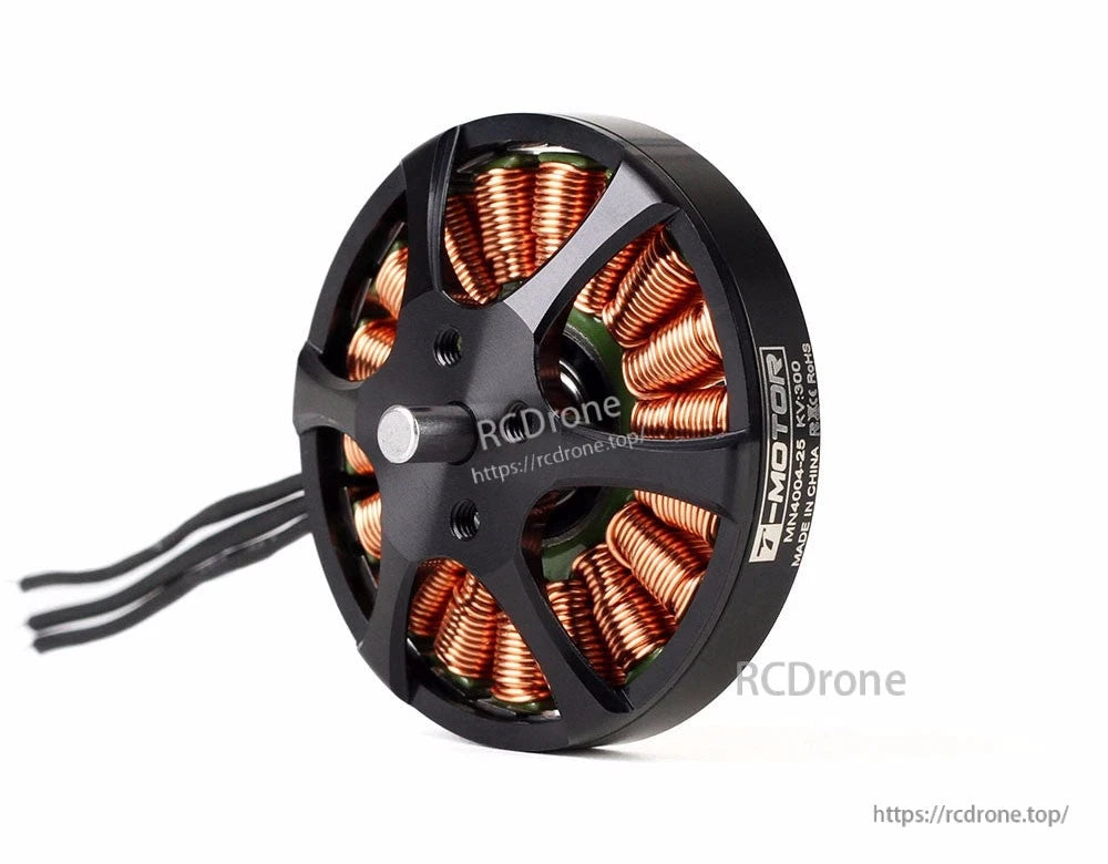 T-Motor brushless outrunner drone motor with open-frame black housing, copper windings, and three lead wires