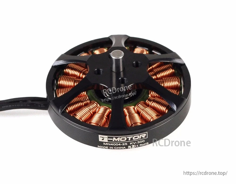 T-Motor MN4004-25 KV300 brushless drone motor with black open frame, copper windings, and lead cable