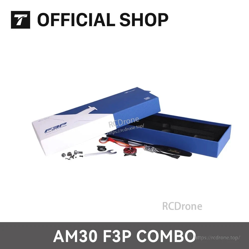 T-Motor AM30 F3P combo kit with motor, propeller, wiring and mounting hardware laid out beside the box