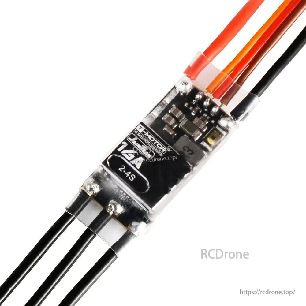 T-Motor F-Motor 12A brushless ESC labeled 2–4S with three motor leads and signal wires