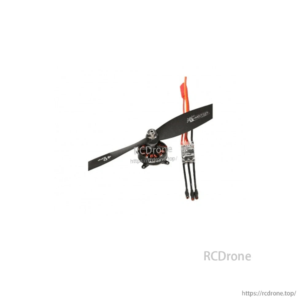 T-Motor brushless drone motor with black propeller and attached ESC wiring harness