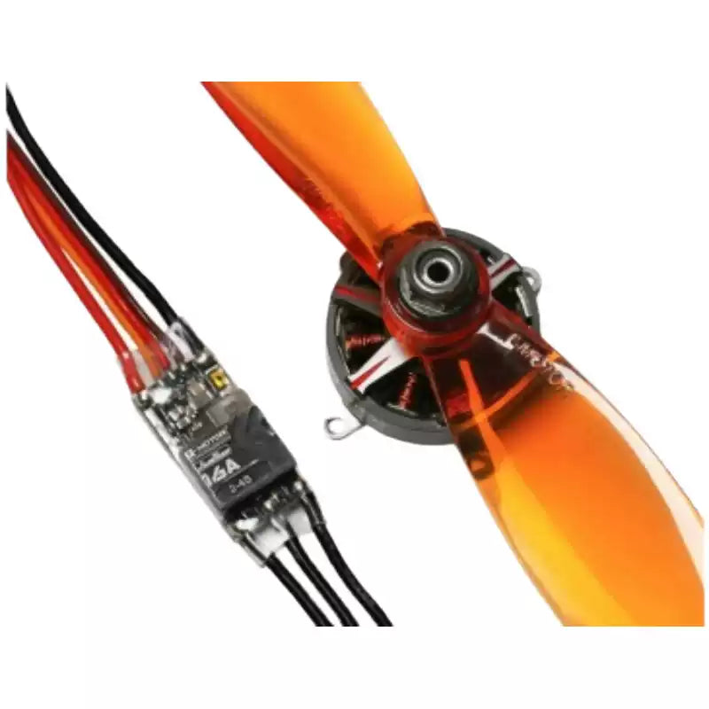 T-Motor brushless motor with orange propeller and 12A ESC wiring harness on a white background