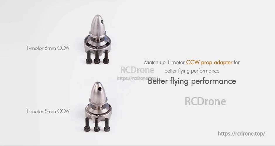 T-Motor CCW prop adapter set with cone nut and four screws, shown in 6mm and 8mm sizes