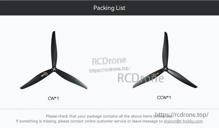 T-Motor CINE 15x8 / 15x10 15 Inch FPV Propeller, Packing list showing one CW and one CCW T-Motor CINE 15-inch three-blade FPV propeller set