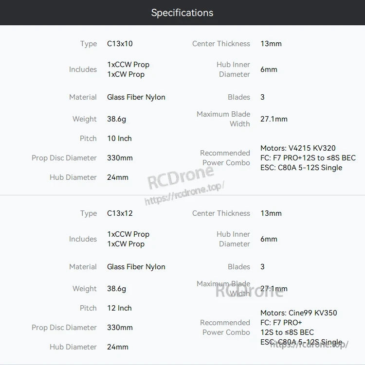 T-Motor CINE 15x8 / 15x10 15 Inch FPV Propeller, Specifications table for C13x10 and C13x12 tri-blade FPV propellers, glass fiber nylon, 330mm disc, 6mm hub