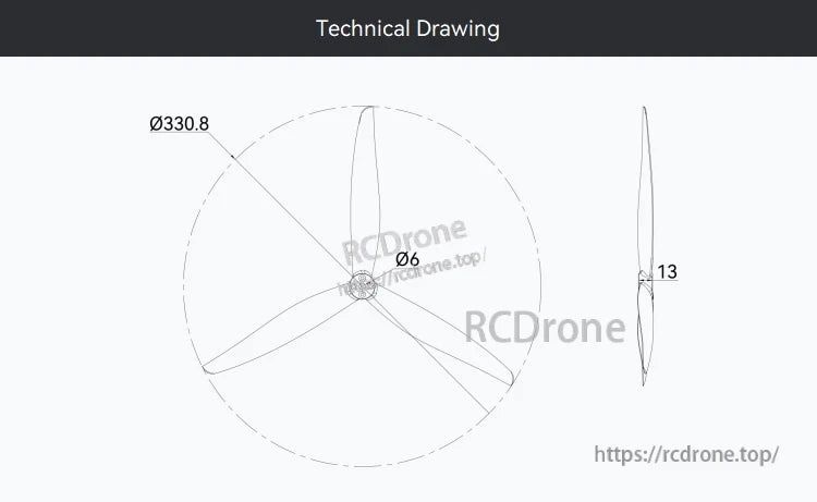 T-Motor CINE 15x8 / 15x10 15 Inch FPV Propeller, Technical drawing of a 3-blade 15-inch FPV propeller with Ø330.8 mm diameter and Ø6 mm center hole