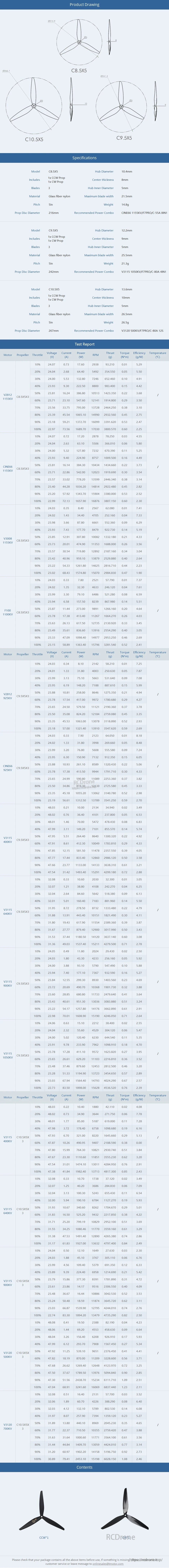T-Motor CINE 3-blade FPV propeller specification sheet with top-view diagrams and a performance data table