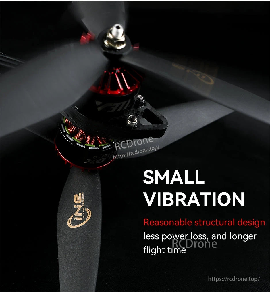 T-Motor CINE 3-Blade FPV Propeller, Close-up of a T-Motor CINE three-blade FPV propeller mounted on a brushless motor, spinning at speed