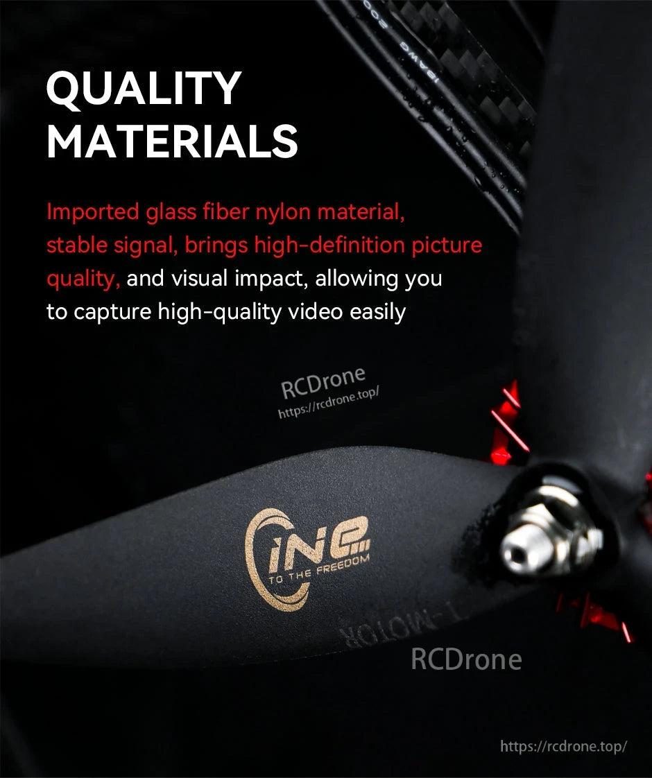 T-Motor CINE 3-Blade FPV Propeller, Close-up of T-Motor CINE FPV propeller blade with CINE logo and “imported glass fiber nylon material” text