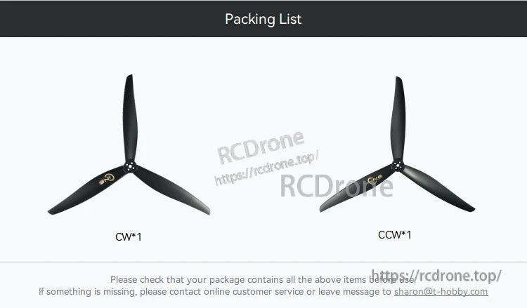 Packing list showing two 3-blade T-Motor CINE C13 13-inch cinelifter FPV propellers, one CW and one CCW.