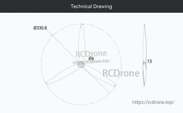 T-Motor CINE C13 13-Inch Cinelifter FPV Propeller, Technical drawing of T-Motor CINE C13 3-blade 13-inch cinelifter FPV propeller with Ø6mm hub