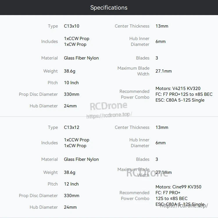 T-Motor CINE C13 13-Inch Cinelifter FPV Propeller, T-Motor CINE C13 13-inch cinelifter FPV prop specs table for C13x10 and C13x12, 3-blade, 6mm hub