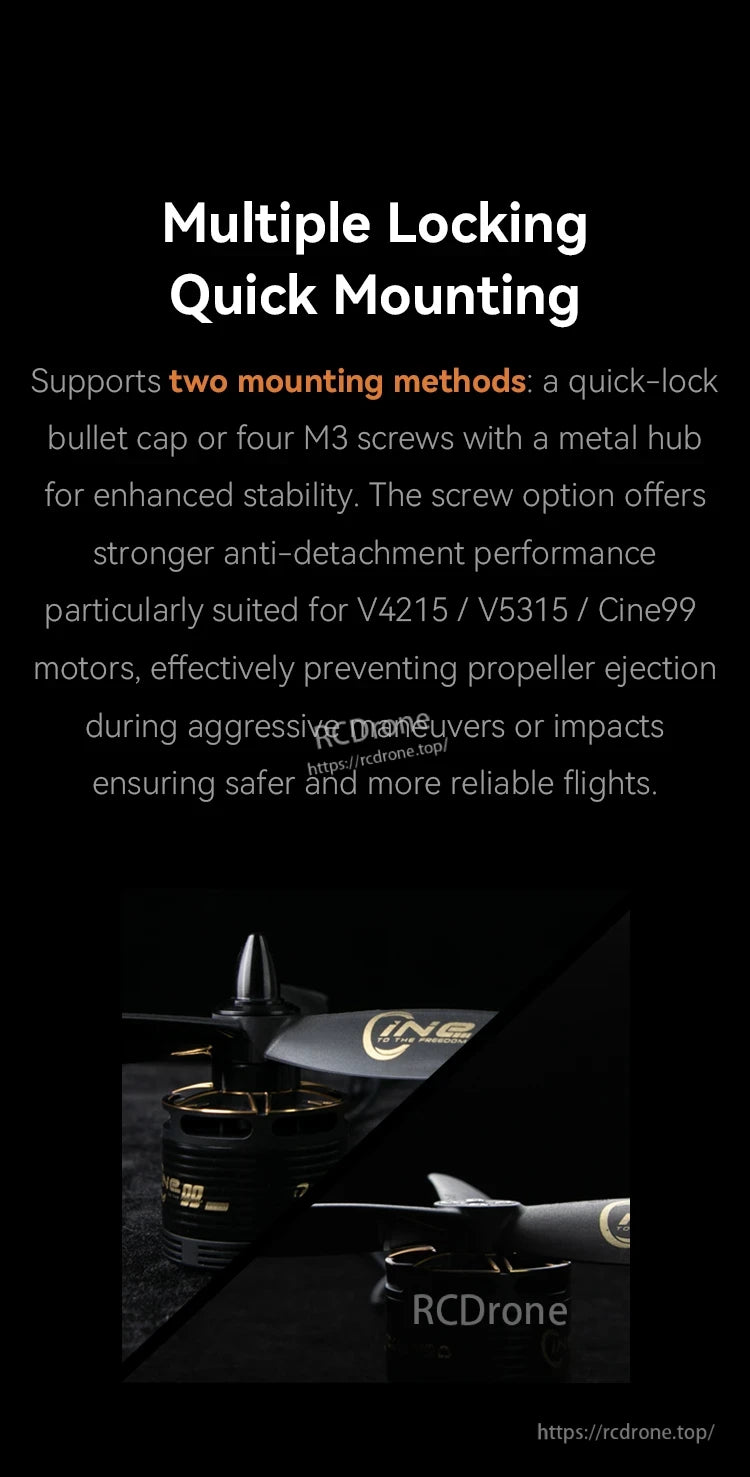 T-Motor CINE C13 13-inch cinelifter FPV propeller on motor, showing quick-lock bullet cap and M3 screw mounting options