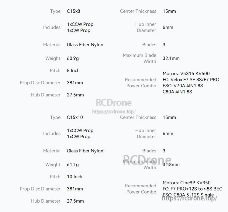 T-Motor CINE C13 13-Inch Cinelifter FPV Propeller, Specifications for C15x8 and C15x10 3-blade FPV props, glass fiber nylon, 6mm hub, includes CW/CCW pair