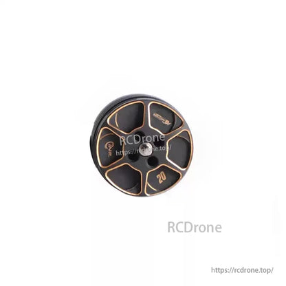 Top view of a black T-Motor drone motor bell with gold accents and five-spoke cutout design