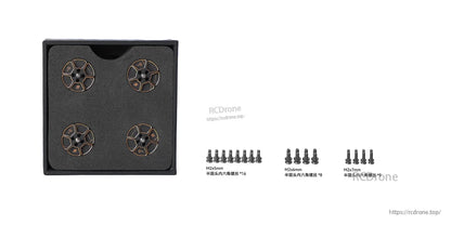 Four T-Motor drone motors in foam box with included M2 mounting screws in 5mm, 6mm, and 7mm lengths