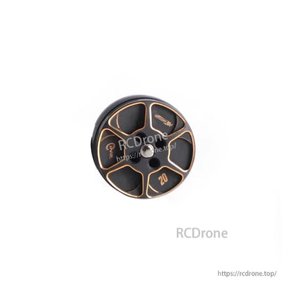 Top view of a T-Motor brushless drone motor with black vented bell and orange accent cutouts