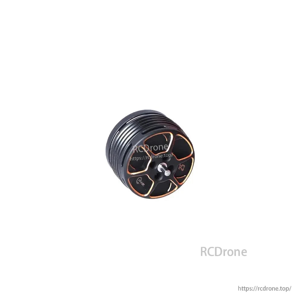 T-Motor black brushless drone motor with finned housing, orange-accent end cap, and central output shaft