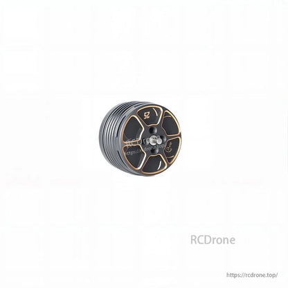 T-Motor brushless drone motor close-up with black and gold end bell and ventilated aluminum housing