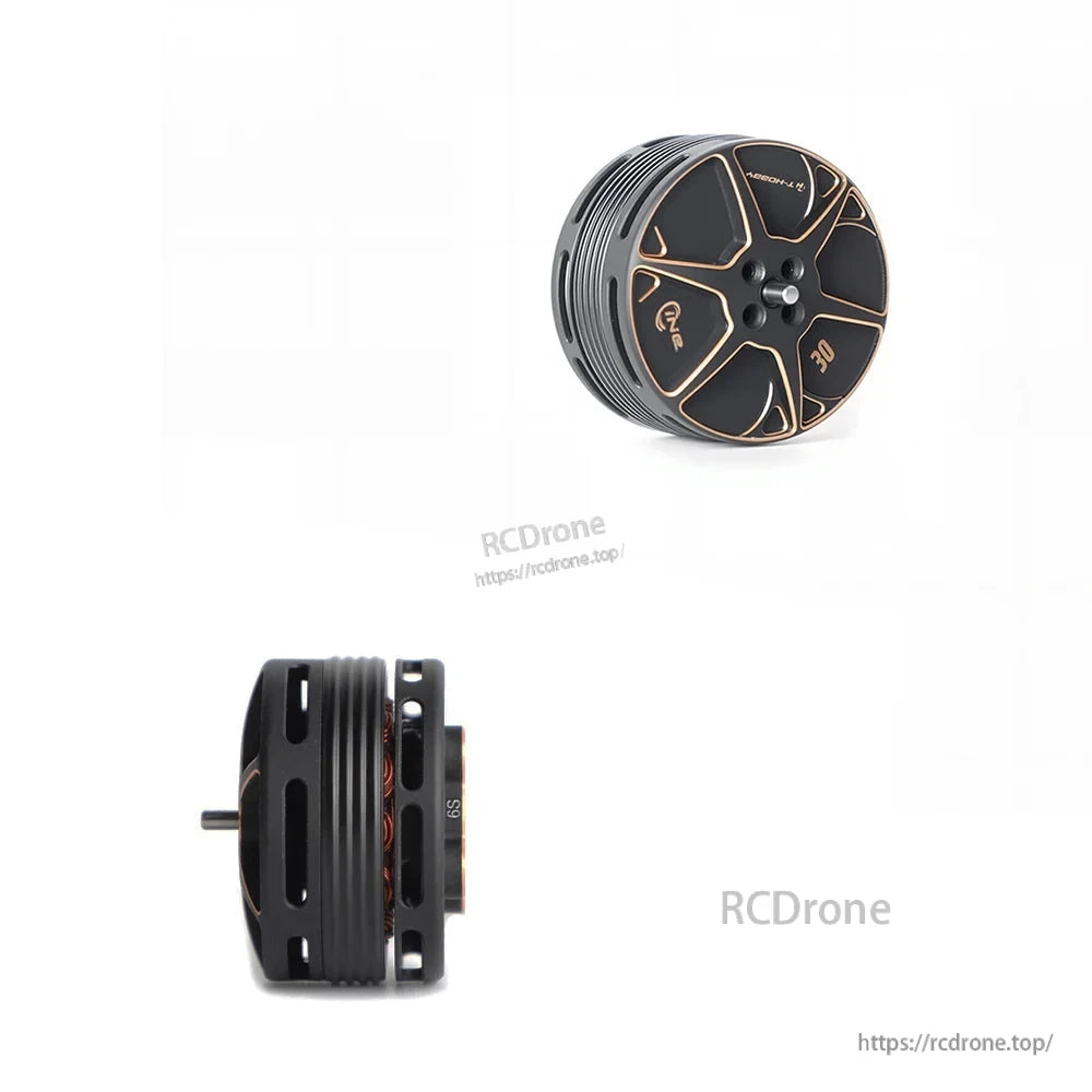 T-Motor brushless drone motor in black and gold, shown from top and side with vented housing and mounting base