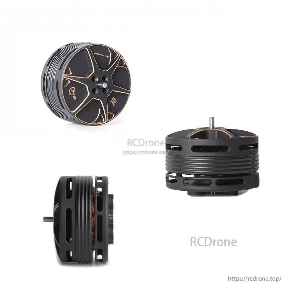 T-Motor brushless drone motor in black with gold accents, vented housing and protruding shaft, shown from 3 angles