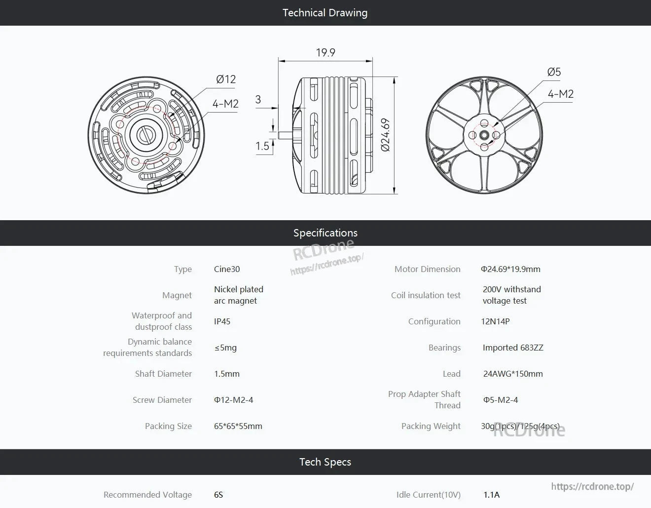 T-Motor Cine30 motor technical drawing and specs, Ø24.69×19.9mm size, M2 mounting pattern and 1.5mm shaft